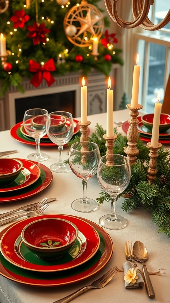 Vietri Christmas Table Settings Ideas A festive Christmas table setting with Vietri dinnerware, candles, and seasonal decorations.